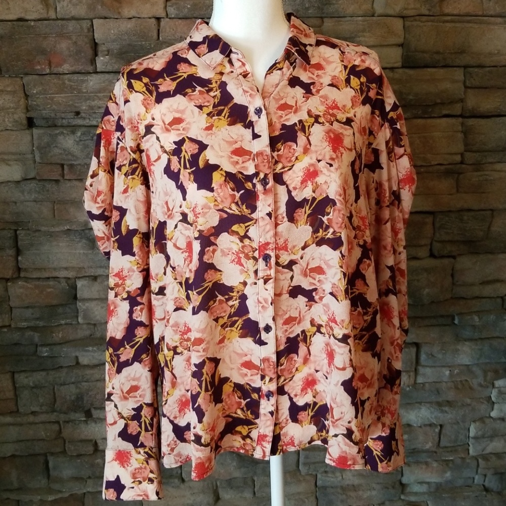 NWT Free Press Ruffle Shoulder Pink Floral Blouse - Picture 1 of 8